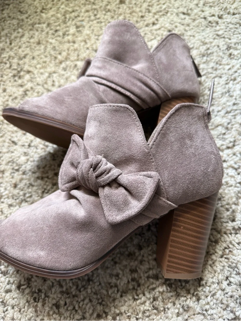 Nature Breeze Taupe Suede Peep-Toe Knot Booties